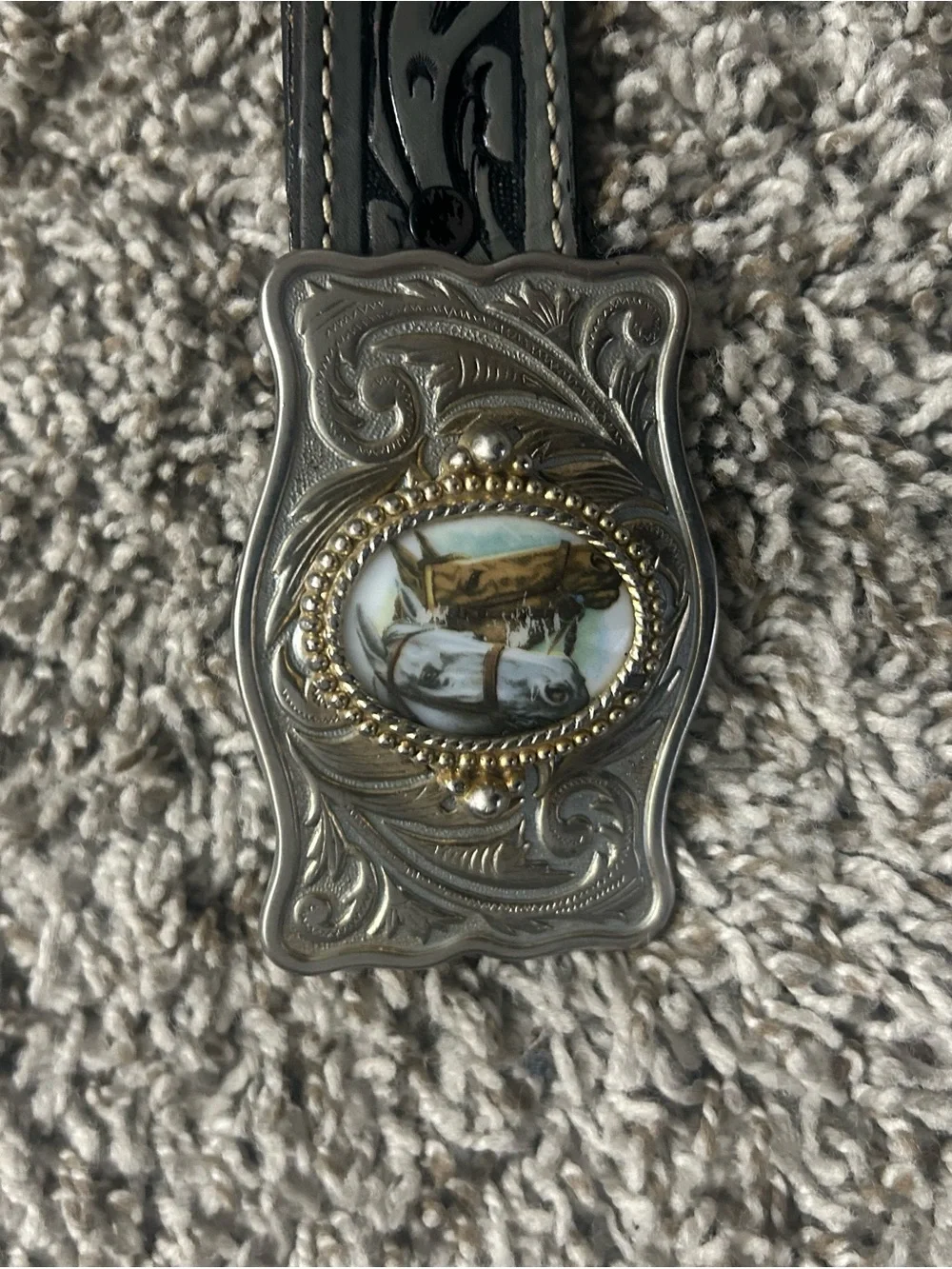 Tooled Black Leather Western Belt with Decorative Buckle